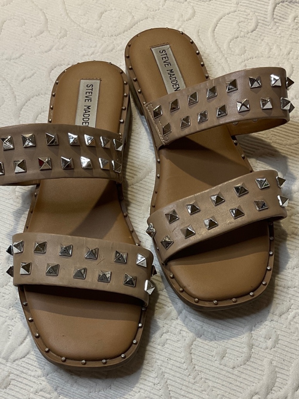Steve Madden Taupe Studded Double-Strap Slide Sandals